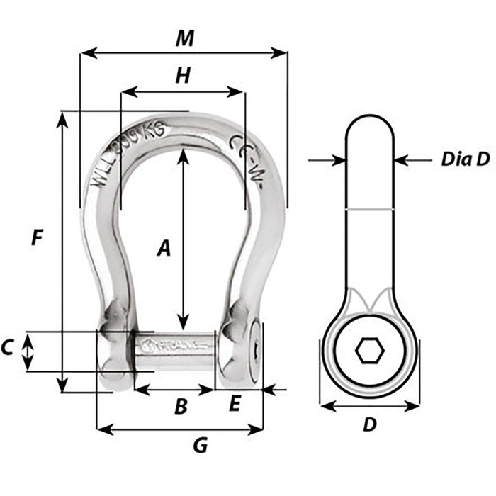 Wichard Self-Locking Allen Head Pin Bow Shackle - 6mm Diameter - 1/4" [01343]